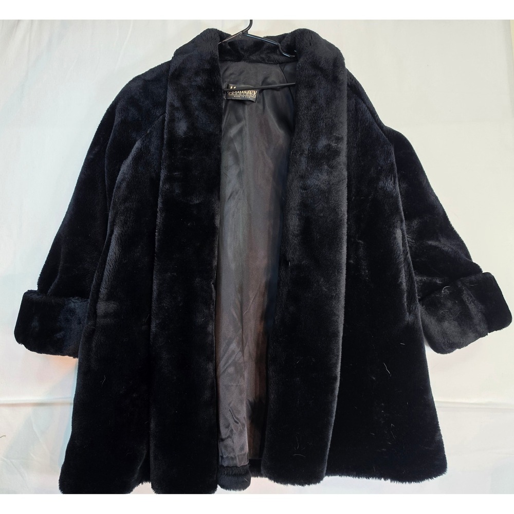 Monterey Fashions Vintage Black Faux Fur Coat Shawl Collar Made in USA Small